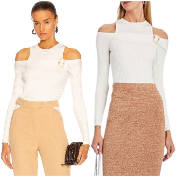 Jonathan Simkhai NWT Mandy Cut Out Cold Shoulder Ribbed Sweater Top White Size M - Picture 2 of 11